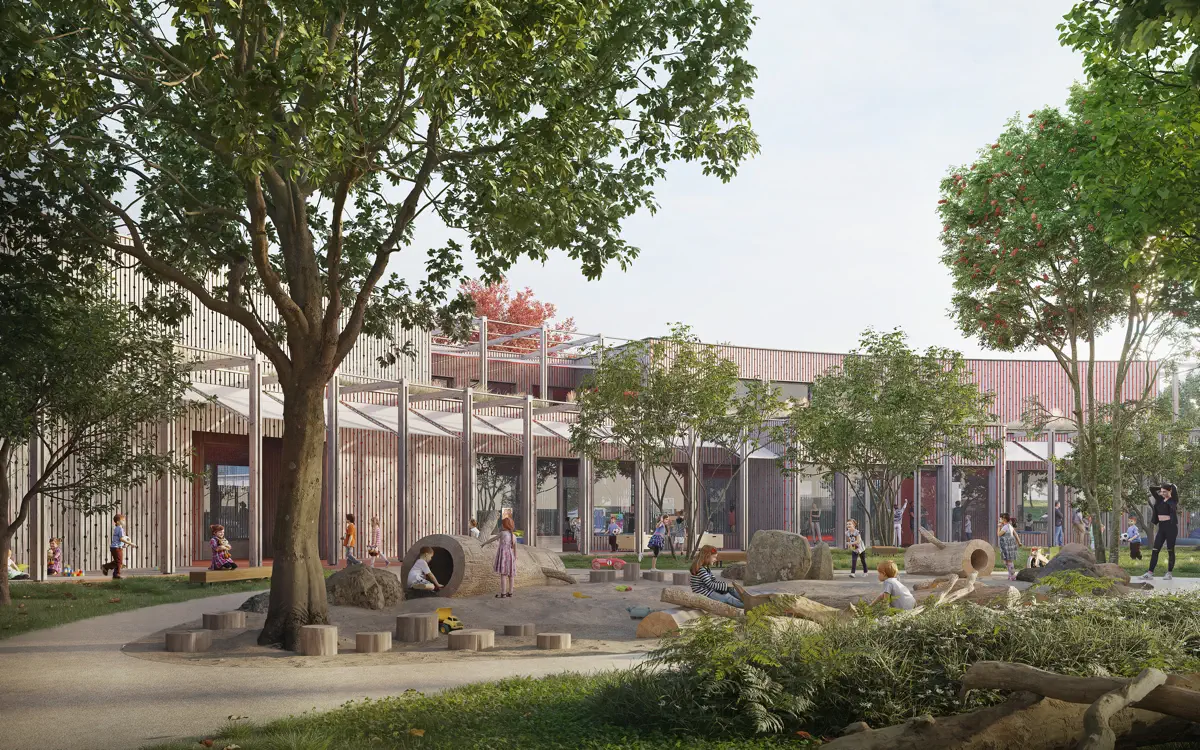 Vizualizace nové mateřské školy dle návrhu architektonického studia Xtopix architekti 2023